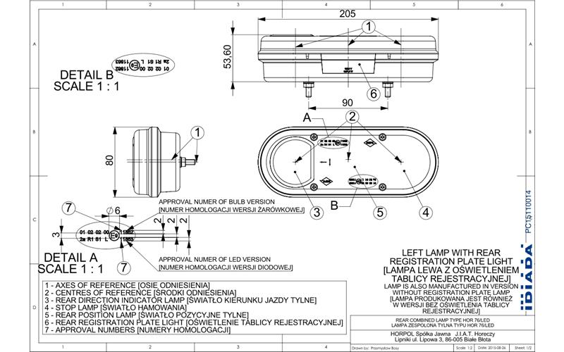 Lampa Zespolona Tylna z Oświetleniem Tablicy Rejestracyjnej (LED) Pomarańczowo - Czerwony 12 / 24V Lewy