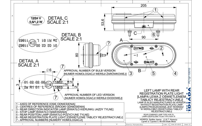 Feu Multifonction 5-modules, Avec Feu de Position (LED) Orange - Rouge 12 / 24V Droit