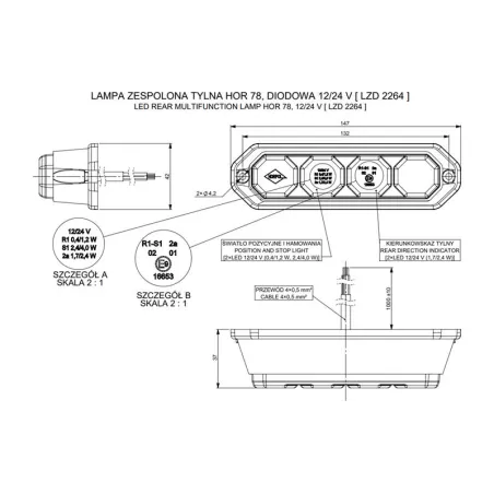 Feu Arrière Multifoncion, 3-fonctions (LED) Orange - Rouge 12 / 24V Universel