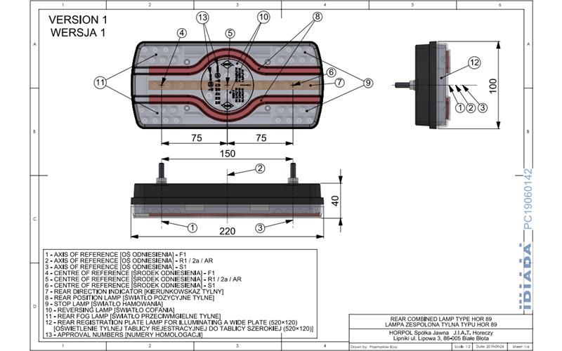 Lampa Zespolona Ze światłem Oświetlenia Tablicy Rejestracyjnej Dolne (LED) Biało - Pomarańczowo - Czerwony 12 / 24V Prawy