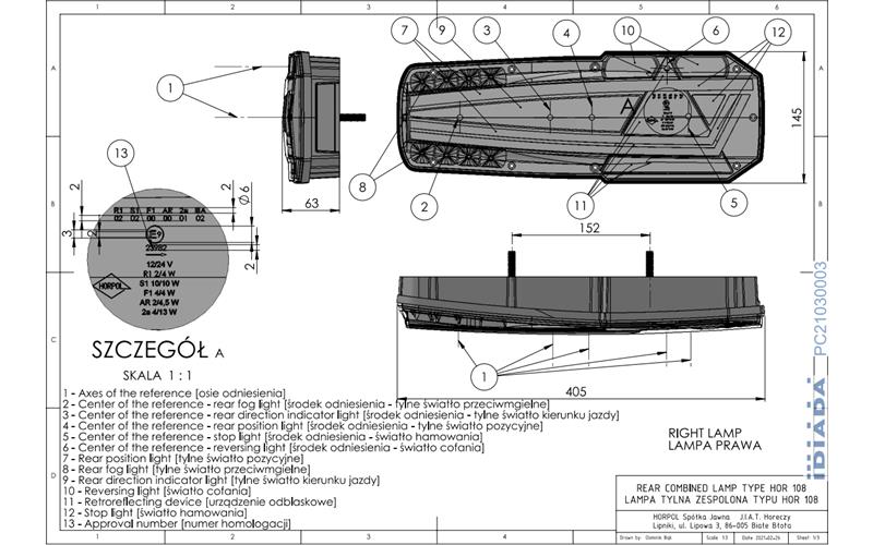 Lampa Zespolona Tylna 6-funkcyjna (LED) Biało - Pomarańczowo - Czerwony 12 / 24V Prawa