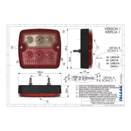 Multifunction Rear Light (LED) Orange - Red 12 / 24V Universal