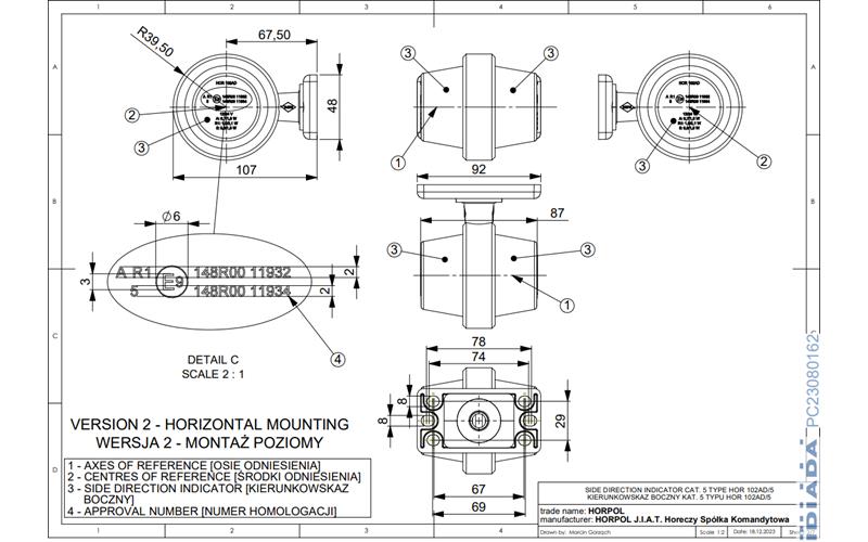 Clignotant Latéral Double Sur Un Bras Télescopique Court (LED) Orange 12 / 24V Universel