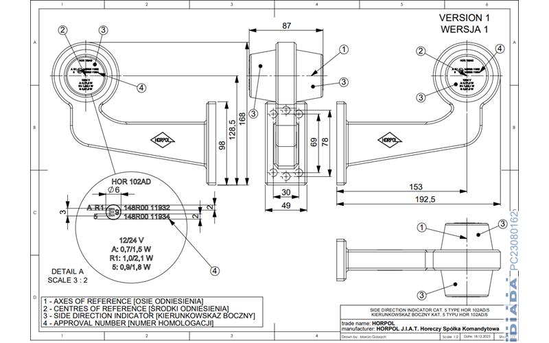 Clignotant Latéral Double Sur Un Bras Télescopique Long (LED) Orange 12 / 24V Universel
