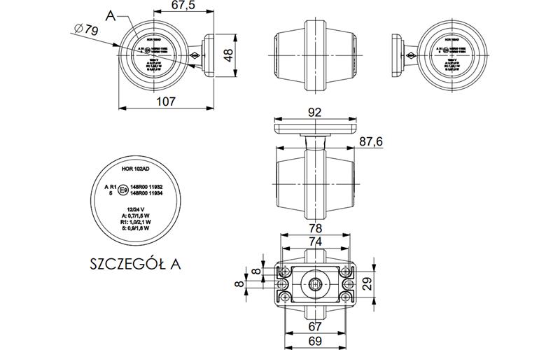 Intermitente Lateral Doble En Brazo Corto (LED) Amarilla 12 / 24V Universal
