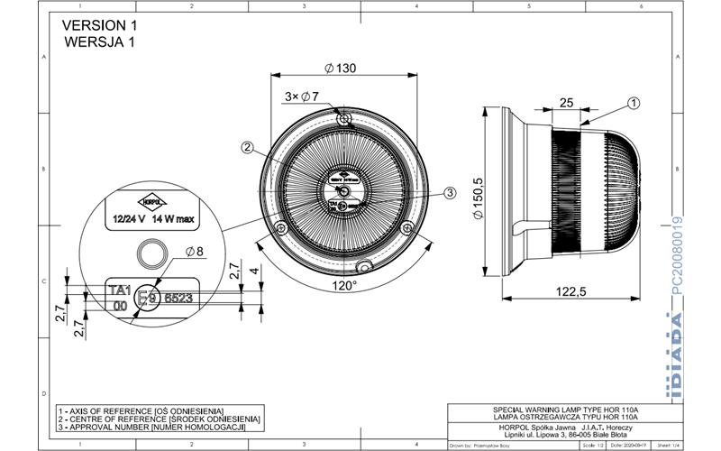 Gyrophare - Fixation 3-points (LED) Orange 12 / 24V Universel