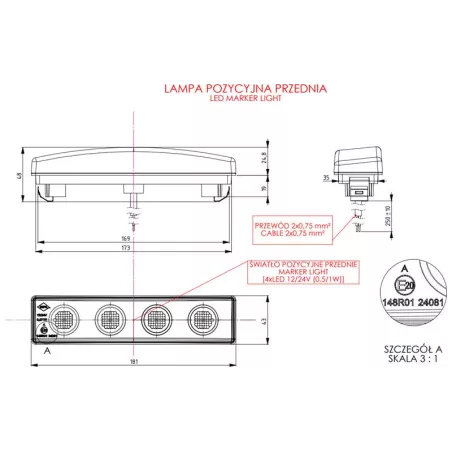 ПЕРЕДНИЙ ПОЗИЦИОННЫЙ ФОНАРЬ СО ШТЕКЕРОМ (LED) БЕЛЫЙ 12 / 24V УНИВЕРСАЛЬНАЯ