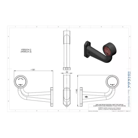 Outline Marker Light, Oval With Long Bent Arm (LED) White - Red 12 / 24V Right