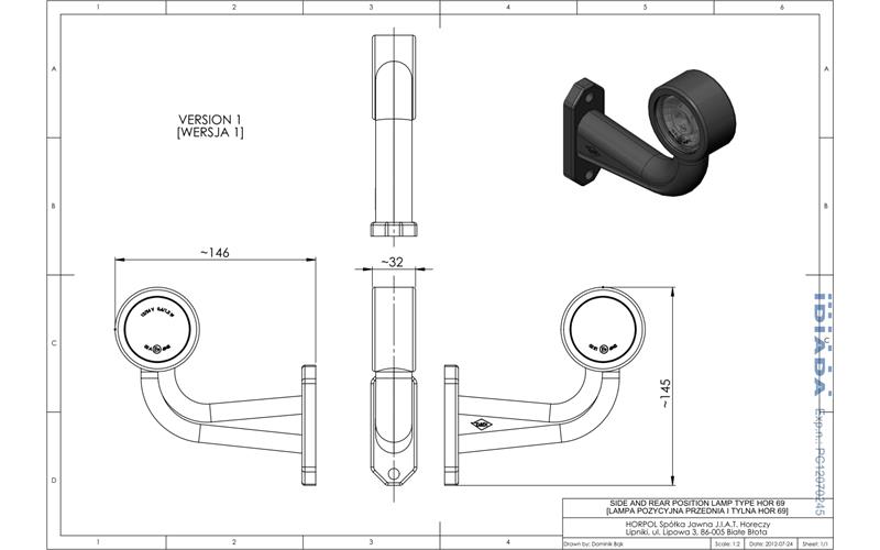 Lampa Obrysowa Na Wysięgniku Krótkim łamanym (LED) Biało - Czerwona 12 / 24V Lewa