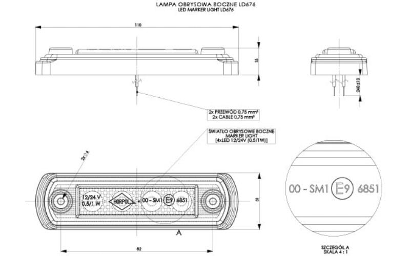 Luz de Gálibo con Base de Goma Recta (LED) Amarilla 12 / 24V Universal