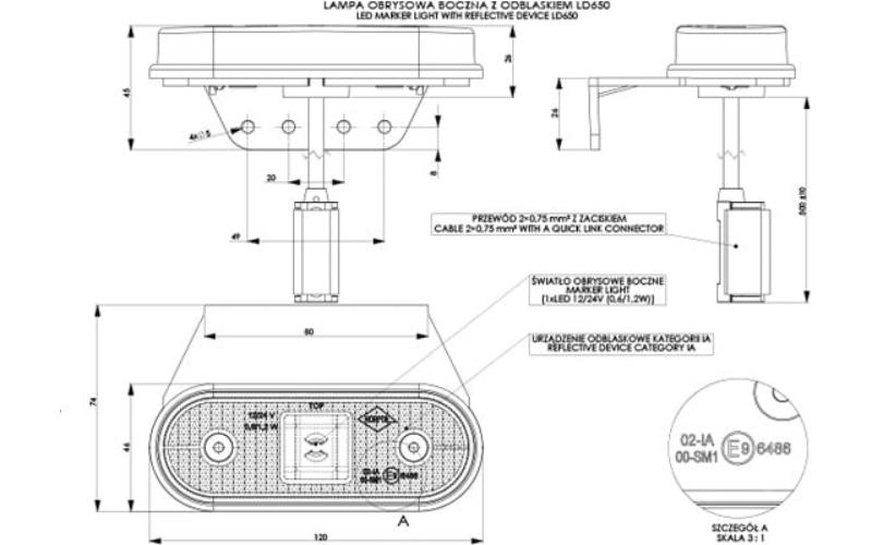 ФОНАРЬ ГАБАРИТНЫЙ БОКОВОЙ С ОТРАЖАТЕЛЕМ И КРОНШТЕЙНОМ (LED) ОРАНЖЕВЫЙ 12 / 24V УНИВЕРСАЛЬНАЯ