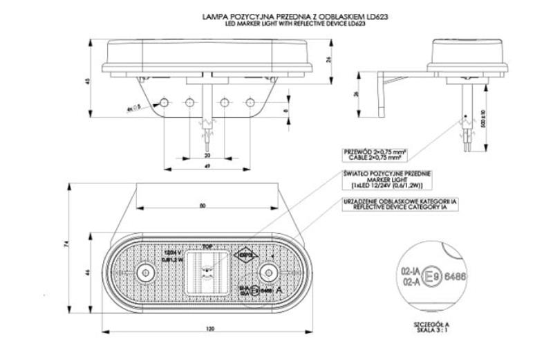 Lampa Obrysowa z Odblaskiem Wisząca (LED) Biała 12 / 24 V Uniwersalna