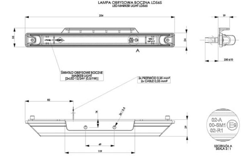 Lampa Obrysowa Długa z Wieszakiem (LED) Pomarańczowa 12 / 24V Uniwersalna