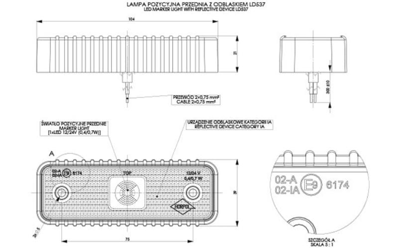 Front Marker Light, With Reflective Device And A thick Rubber Pad (LED) White 12 / 24V Universal
