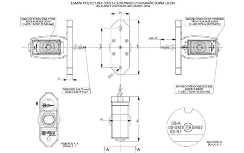 Luz de Gálibo Triple, En Brazo Corto (LED) Blanca - Amarilla - Roja 12 / 24V Universal
