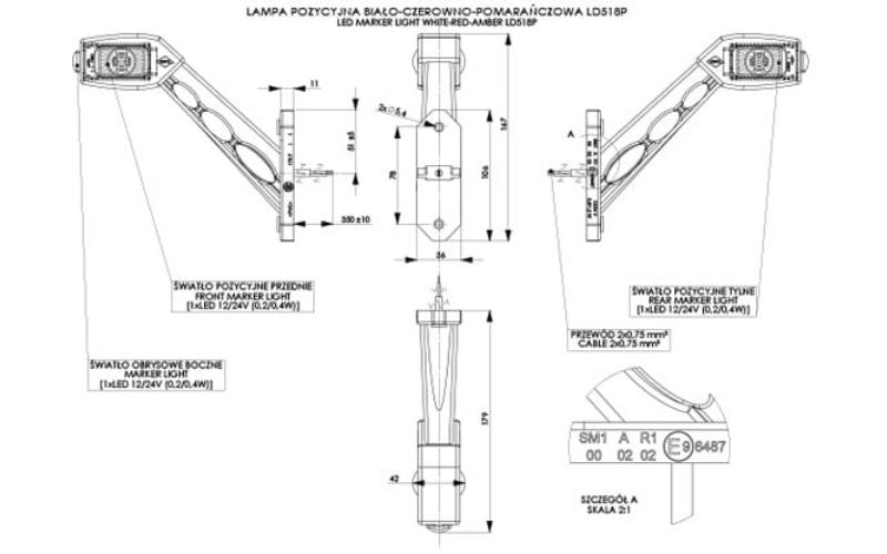 Outline Marker Light, With Long Oblique Arm (LED) White - Orange - Red 12 / 24V Right