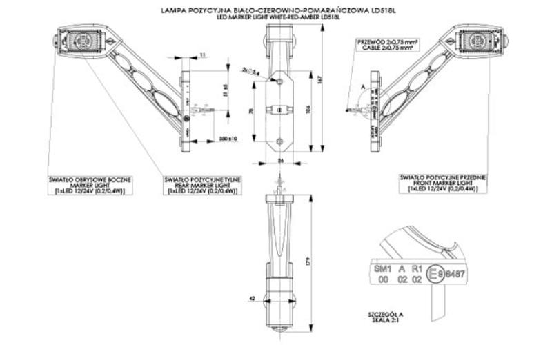 Luz de Gálibo Triple, En Un Brazo (LED) Blanca - Amarilla - Roja 12 / 24V Izquierdo