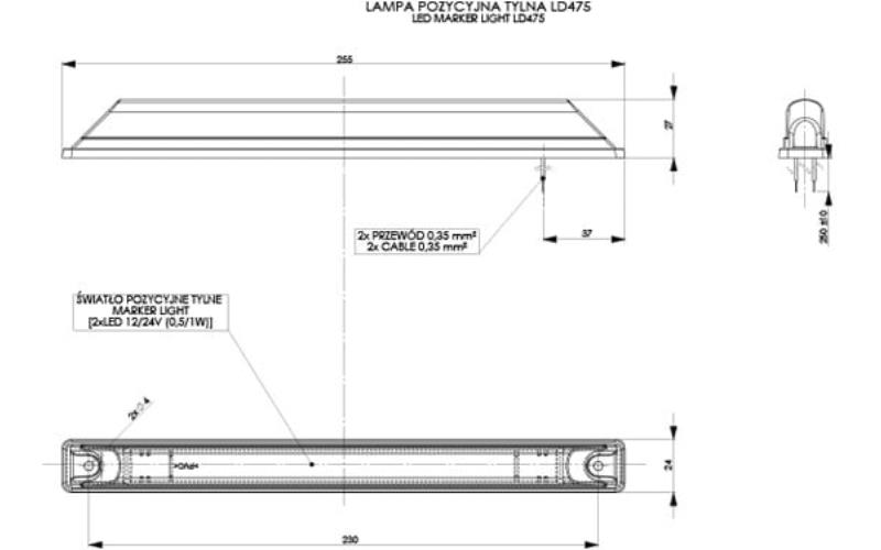 Lampa Obrysowa Długa Bezbarwny Klosz (LED) Czerwona 12 / 24V Uniwersalna
