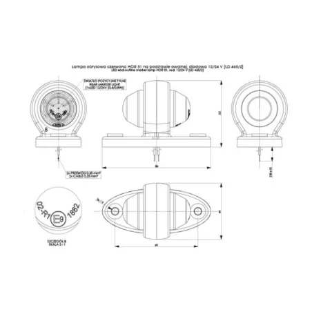 ФОНАРЬ ГАБАРИТНЫЙ НА ОВАЛЬНОЙ ПОДСТАВКЕ, РОЖОК ПРЯМОЙ КОРОТКИЙ (LED) КРАСНЫЙ 12 / 24V УНИВЕРСАЛЬНАЯ