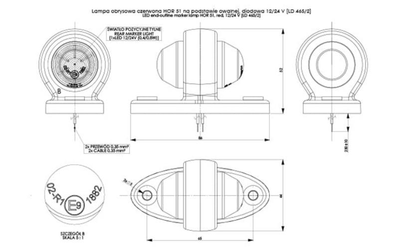 Luz de Gálibo Blanca Sobre Base Ovalada (LED) Roja 12 / 24V Universal