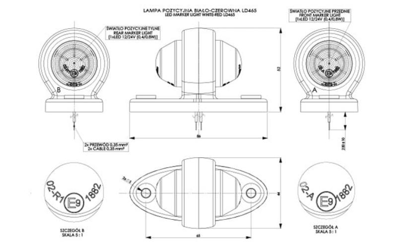 Lampa Obrysowa Na Podstawie Owalnej (LED) Biało - Czerwona 12 / 24V Uniwersalna