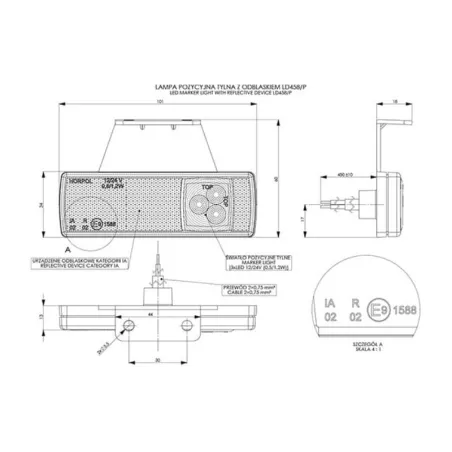 ФОНАРЬ ГАБАРИТНЫЙ ПЕРЕДНИЙ С ОТРАЖАТЕЛЕМ И КРОНШТЕЙНОМ (LED) КРАСНЫЙ 12 / 24V УНИВЕРСАЛЬНАЯ