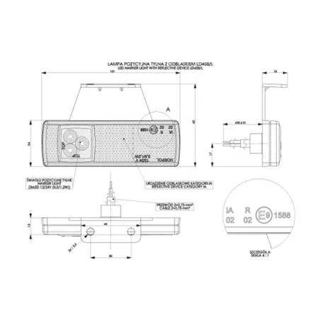 Lampa Obrysowa z Odblaskiem Podwieszana (LED) Czerwona 12 / 24V Lewa