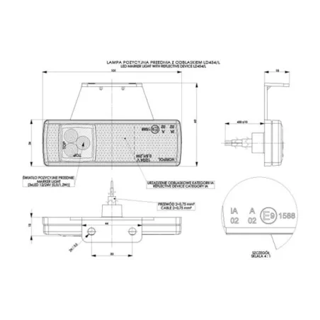 Lampa Obrysowa z Odblaskiem Podwieszana (LED) Biała 12 / 24V Lewa