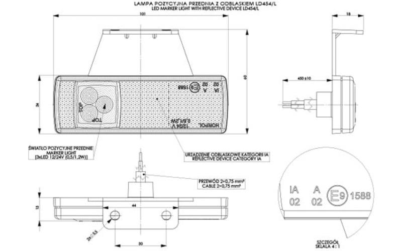 Lampa Obrysowa z Odblaskiem Podwieszana (LED) Biała 12 / 24V Lewa