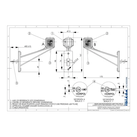 Outline Marker Light, Square With A Long, Oblique Arm (LED) White - Red 12 / 24V Right