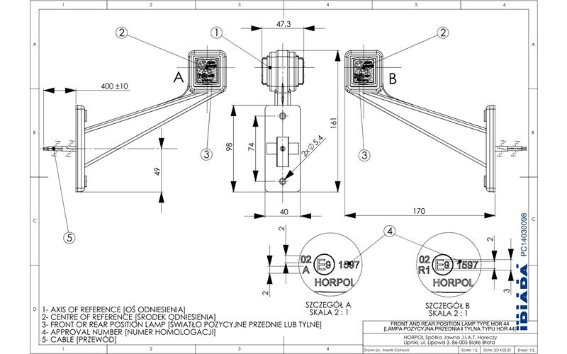 Outline Marker Light, Square With A Long, Oblique Arm (LED) White - Red 12 / 24V Left