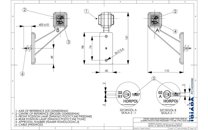 Lampa Obrysowa Na Ramieniu Krótkim Ukośnym (LED) Biało - Czerwona 12 / 24V Lewy