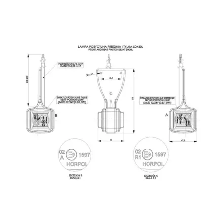 ГАБАРИТНЫЙ ФОНАРЬ, ВЫНОСНОЙ, РОЖОК ПРЯМЫЙ, КОРОТКИЙ (LED) БЕЛЫЙ - КРАСНЫЙ 12 / 24V ЛЕВАЯ