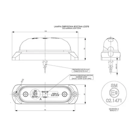 Seitenmarkierungsleuchte Oval Mit Einem Gummiunterlage (LED) Orange 12 / 24V Universal