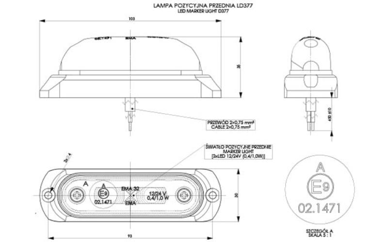 Side Marker Light, Oval With A rubber Pad (LED) White 12 / 24V Universal