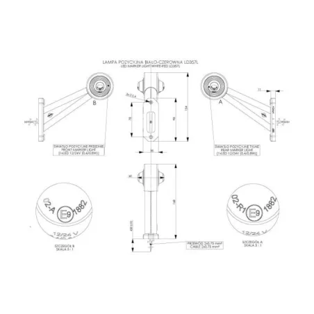 Outline Marker Light Oval, With Short, Oblique Arm (LED) White - Red 12 / 24V Right