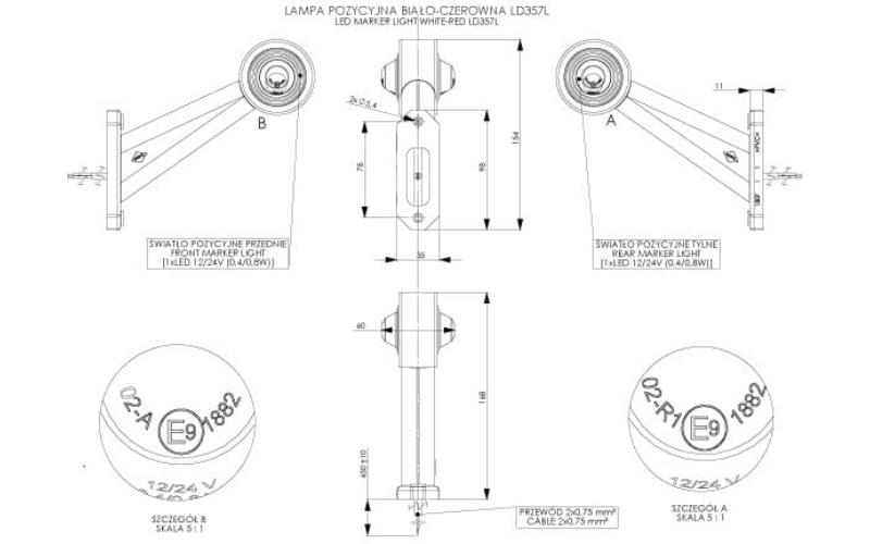 Outline Marker Light Oval, With Short, Oblique Arm (LED) White - Red 12 / 24V Right