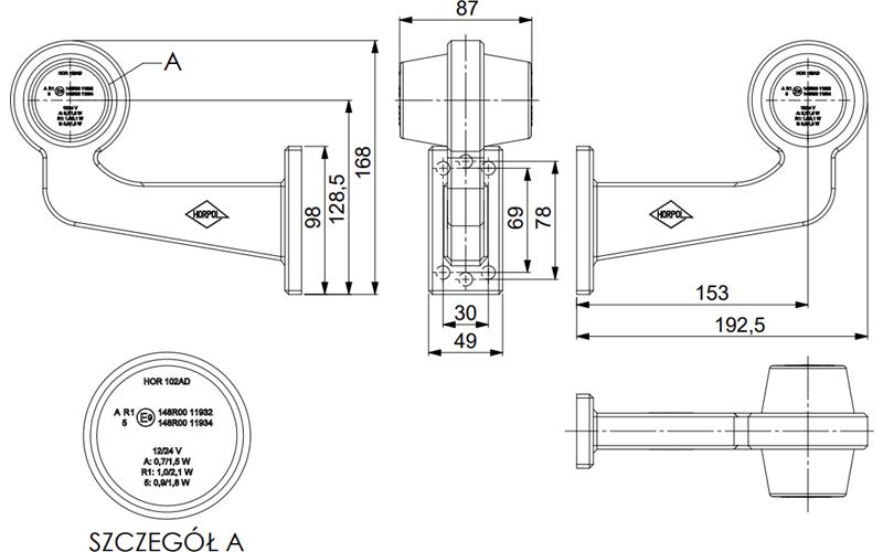 Stalk Marker Light On A Long Arm (LED) Orange - Red 12 / 24V Right