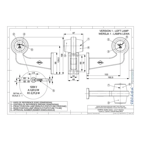 Marker Lamp, Long Arm (LED) Orange - Red 12 / 24V Left