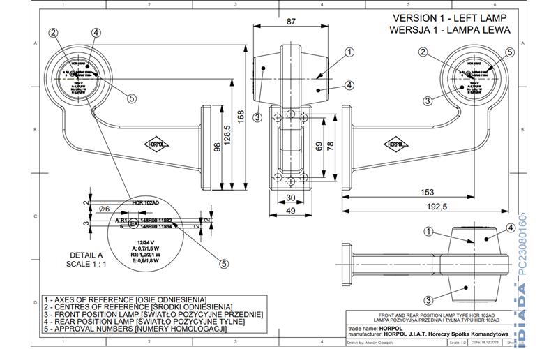 Stalk Marker Light On A Long Arm (LED) White - Red 12 / 24V Left