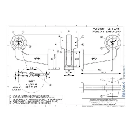 Marker Lamp, Long Arm (LED) White - Red 12 / 24V Left
