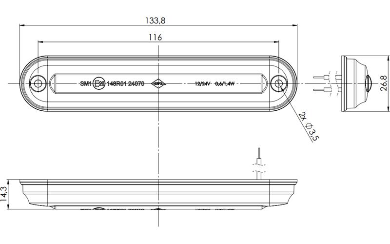 Luz de Gálibo Slim con Cable de Fibra óptica (LED) Amarilla 12 / 24V Universal
