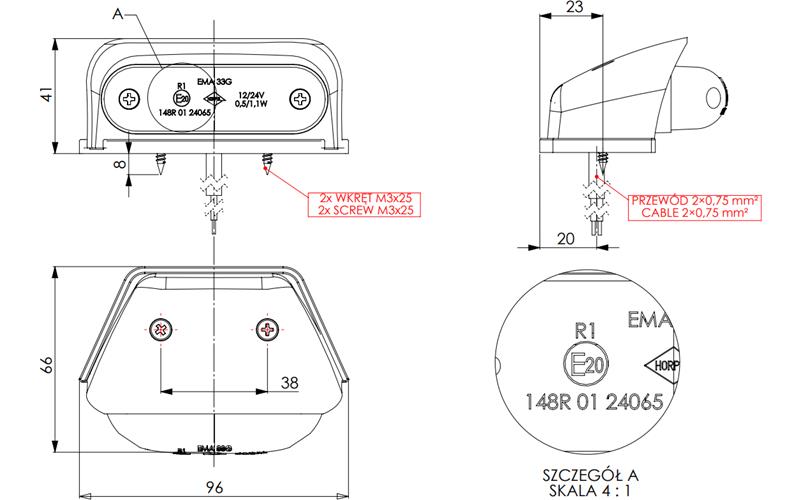 Corner Front Marker Light, Oval (LED) Red 12 / 24V Universal