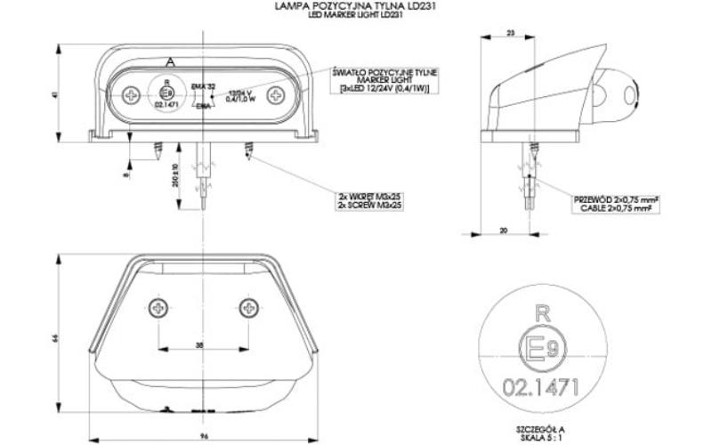 Lampa Obrysowa Owalna Narożna (LED) Czerwona 12 / 24 V Uniwersalna