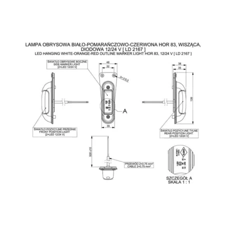Lampa Obrysowa Wisząca (LED) Biało - Pomarańczowo - Czerwona 12 / 24V Uniwersalna