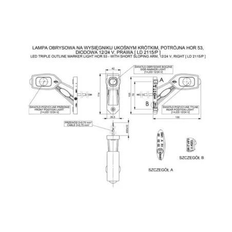 Seitenmarkierungsleuchte Auf Einem Schrägen, Kurzen Ausleger Dreifach (LED) Weiß - Orange - Rot 12 / 24V Recht