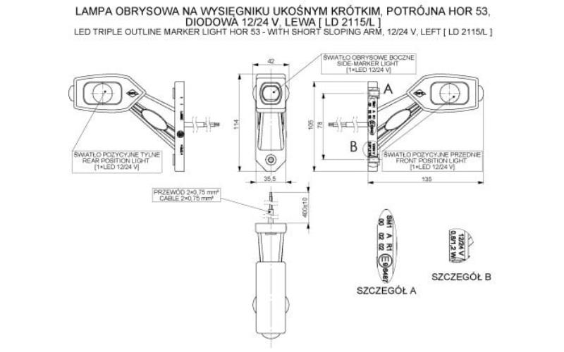 ФОНАРЬ ГАБАРИТНЫЙ ПЕРЕДНИЙ С ОТРАЖАТЕЛЕМ (LED) БЕЛЫЙ - ОРАНЖЕВЫЙ - КРАСНЫЙ 12 / 24V ЛЕВАЯ