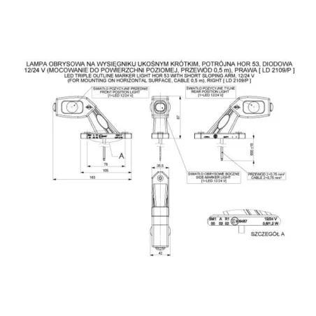 Three-function Marker Lamp With Short Angled Arm (LED) White - Orange - Red 12 / 24V Right