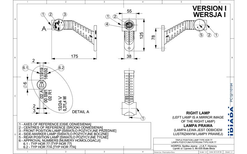Triple Outline Marker Light, With Long Oblique Arm (LED) White - Orange - Red 12 / 24V Right