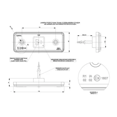 Marker Light With Reflective Device, Rectangular With A rubber Pad And A rubber Border (LED) Red 12 / 24V Universal